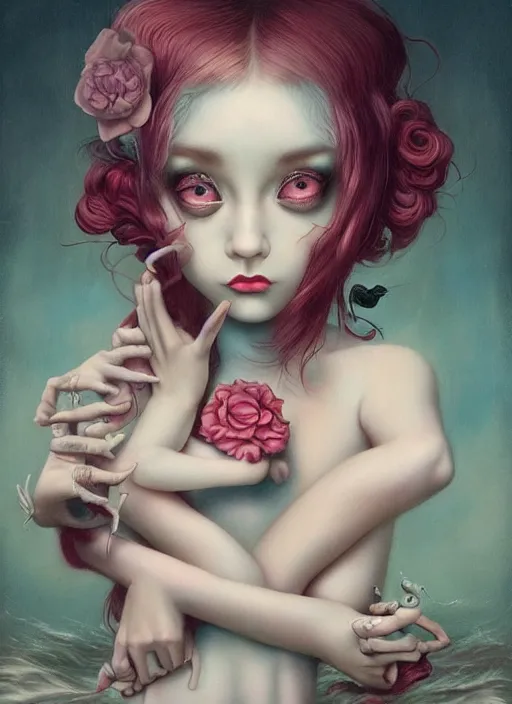 Image similar to pop surrealism, lowbrow art, realistic cute girl painting, japanese street fashion, hyper realism, muted colours, rococo, natalie shau, loreta lux, tom bagshaw, mark ryden, trevor brown style,