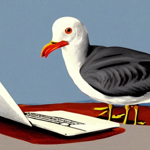 Prompt: a seagull angrily typing on a laptop