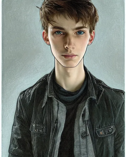 Image similar to portrait of 1 5 - year - old boy, a tall, slender boy with a pale, pointed face, sleek blond hair, and ice grey eyes, wearing black clothes, hyper realistic face, beautiful eyes, close up, fantasy art, in the style of greg rutkowski, intricate, alphonse mucha, hyper detailed, smooth