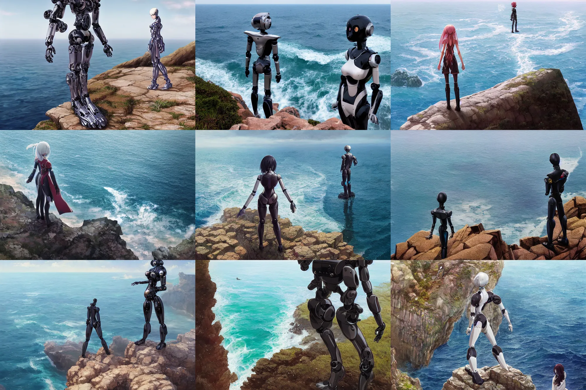 Prompt: anime humanoid robot ( standing on a cliff ) overlooking the sea, photorealistic, michael komarck, greg rutkowski, victo ngai, artgerm and j. dickenson