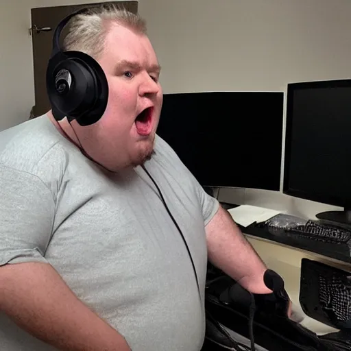 Image similar to obese Allan Moore wearing a headset yelling at his monitor while playing WoW highly detailed wide angle lens 10:9 aspect ration award winning photography by David Lynch esoteric erasure head