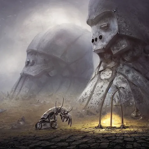 Prompt: giant armored ashigaru beetle war construct golem, glowing gnostic brian froud markings, magic and steam - punk inspired, in an ancient stone circle on a plateau in a blizzard, concept painting by jessica rossier, hr giger, john berkey