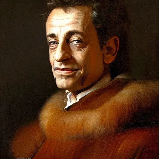 Prompt: full lenght portrait of Nicolas Sarkozy standing by Rembrandt