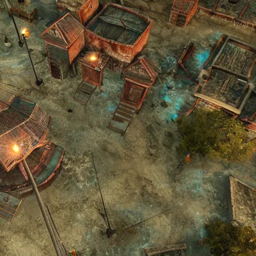 Image similar to screenshot of a beautiful rts game silent hill, overhead view, unreal engine