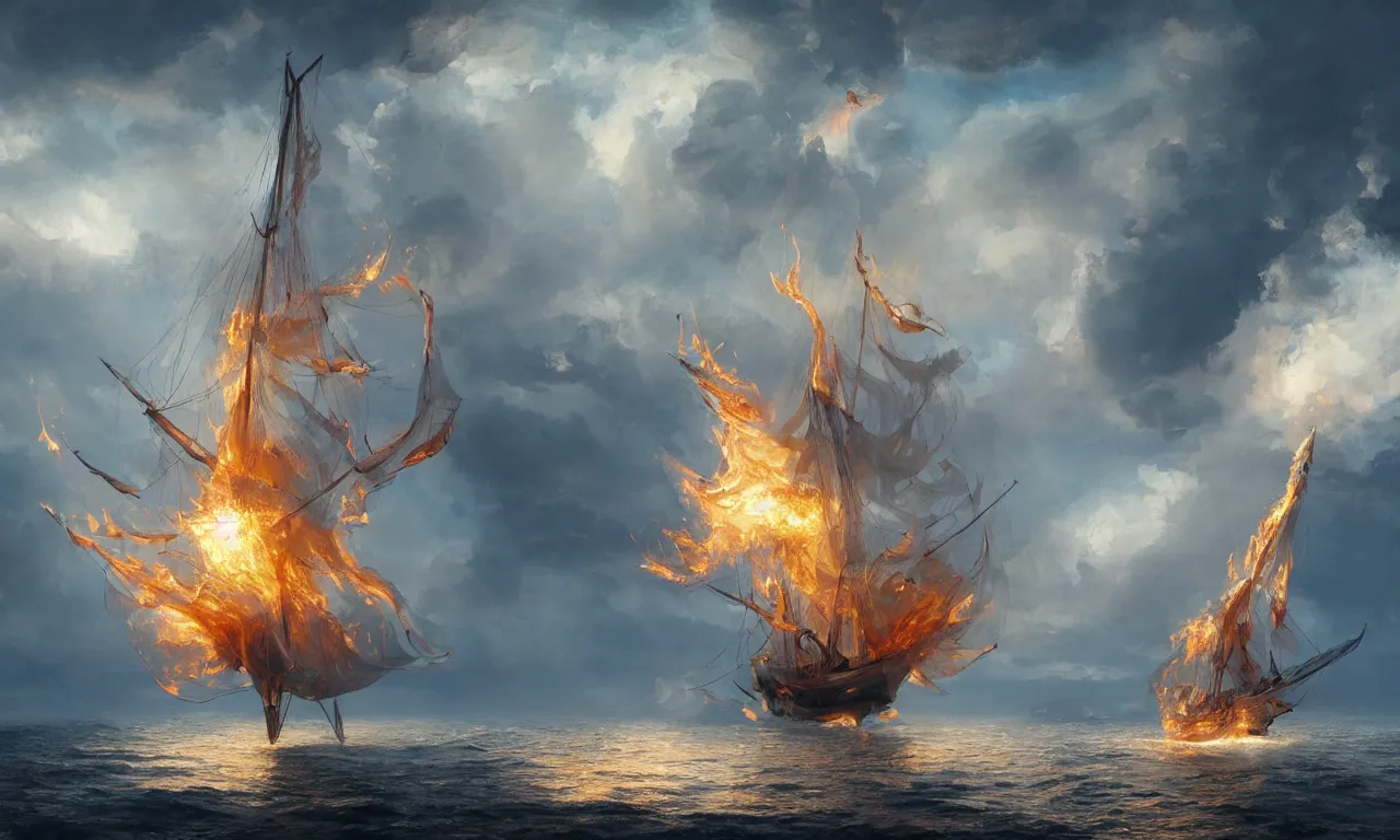 Prompt: a beautiful digital painting of a white caravel on fire flying in the clouds, firestorm of embers in the sunlight, rain of flames numerous burning ropes and intricated sails, blue sky at sunset, elegant, highly detailed, artstation, concept art, matte, sharp focus, art by tom bagshaw, kelogsloops and greg rutkowski