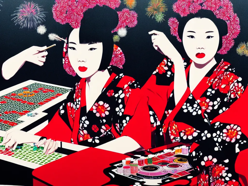 Image similar to hyperrealistic composition of the detailed woman in a japanese kimono sitting at a extremely detailed poker table with detailed darth vader, fireworks, mount fuji on the background, pop - art style, jacky tsai style, andy warhol style, acrylic on canvas