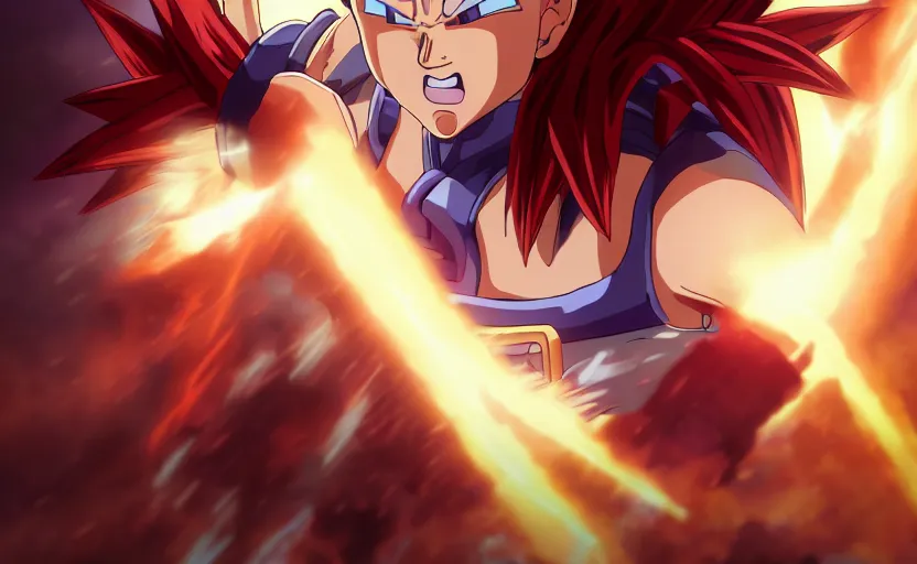 Image similar to a photo of a female saiyan warrior, red hair, wearing an eye patch covering, pirate, flying in the clouds, saiyan armor, 4 k uhd, portrait, by makoto shinkai, gundam, dragon ball z, spirited away, detailed, mindblowing