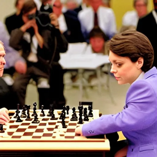 Image similar to actress rachel bloom playing chess against president george w. bush, 4 th game of world chess championship 1 9 8 4, digital photograph getty images dslr