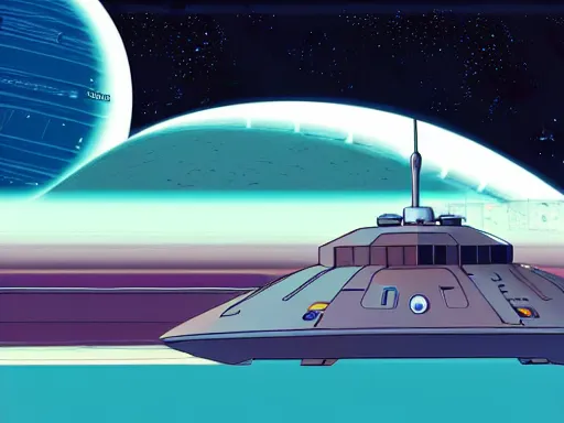 Image similar to a scifi illustration, hyper detailed external view of a starship docked at a planetary base. cinematic wide angle composition. flat colors, limited palette in FANTASTIC PLANET La planète sauvage animation by René Laloux