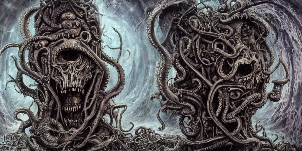 Image similar to lovecraftion god, chaos, terror, art by paulc carrick, dave carson, john coulthart, lee brown coye, h. r giger, stephen hickman, 8 k, hd, illumination, lighting, raytracting, dark, lovecraft, arkham, grotesque