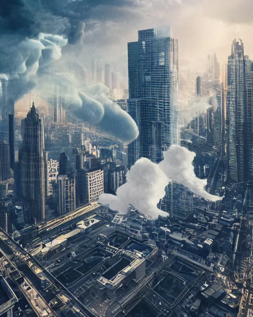 Prompt: complex cityscape folding and colliding in inception mirror dimension style became 3d maze puzzle in cinematic hd photo smoke cloud lens flare godray mcu Nolan Leica Zeiss film trending on artstation