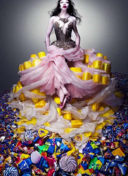 Image similar to expressive full body photo of anya taylor - joy, dress made of sweets and candies, glamour shot, by karol bak, stefan gesell, photorealistic, nikon d 4 x, fashion photography, hyper maximalist, elegant, ornate, luxury, elite, environmental portrait, symmetrical features, octane render, unreal engine, solid dark grey background, dramatic lights