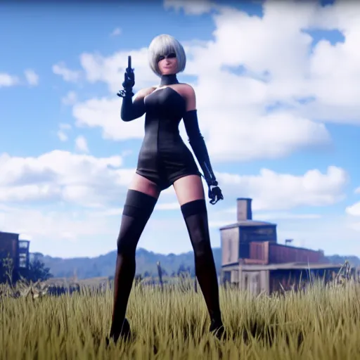 Prompt: Film still of 2B nier automata wearing skintight clothes in a field, from Red Dead Redemption 2 (2018 video game), trending on artstation, artstationHD, artstationHQ