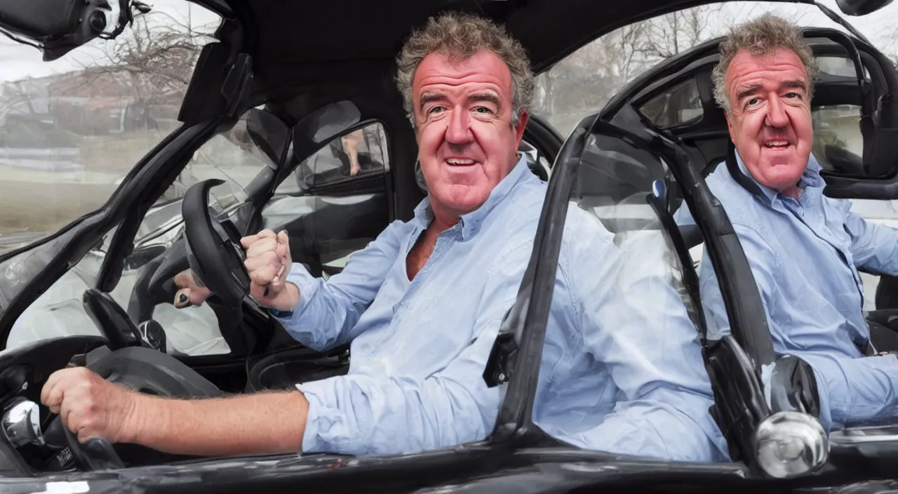 Image similar to a photo of jeremy clarkson in a car he doesn't like, high detail, high definition, 8k, photorealistic,