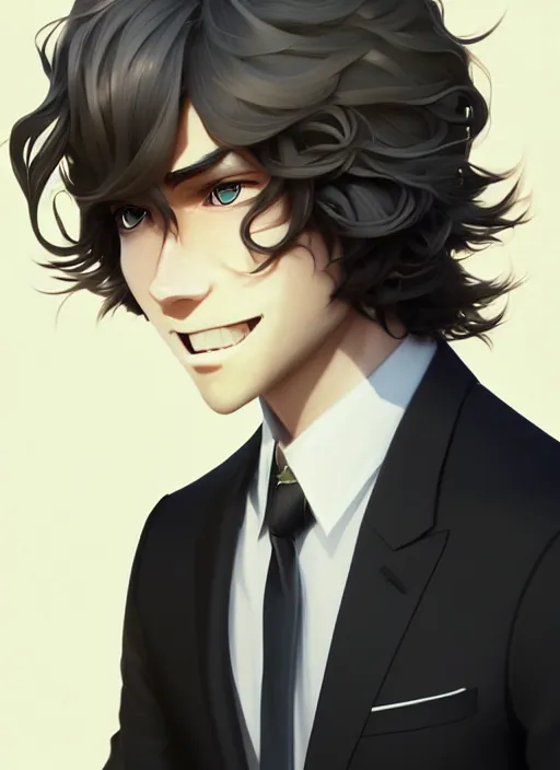 Image similar to young man with medium - length, curly, golden hair, perfectly proportioned face, aquamarine eyes, sweet smile, wearing a black suit, natural lighting, path traced, highly detailed, high quality, animation art, digital painting, by new haicheng and studio ghibli