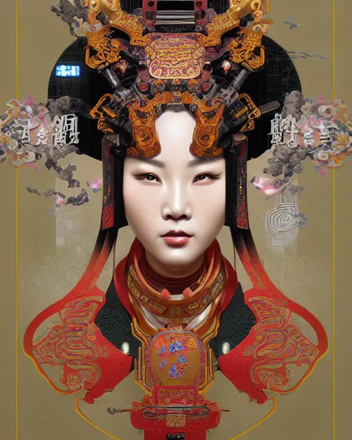 Image similar to portrait of a chinese cyberpunk machine, machine face, upper half portrait, decorated with chinese opera motifs, regal, asian, fine china, wuxia, traditional chinese art intricate intense elegant 京 剧 highly detailed digital painting artstation concept art smooth sharp focus illustration, art by artgerm and greg rutkowski alphonse mucha 8 k