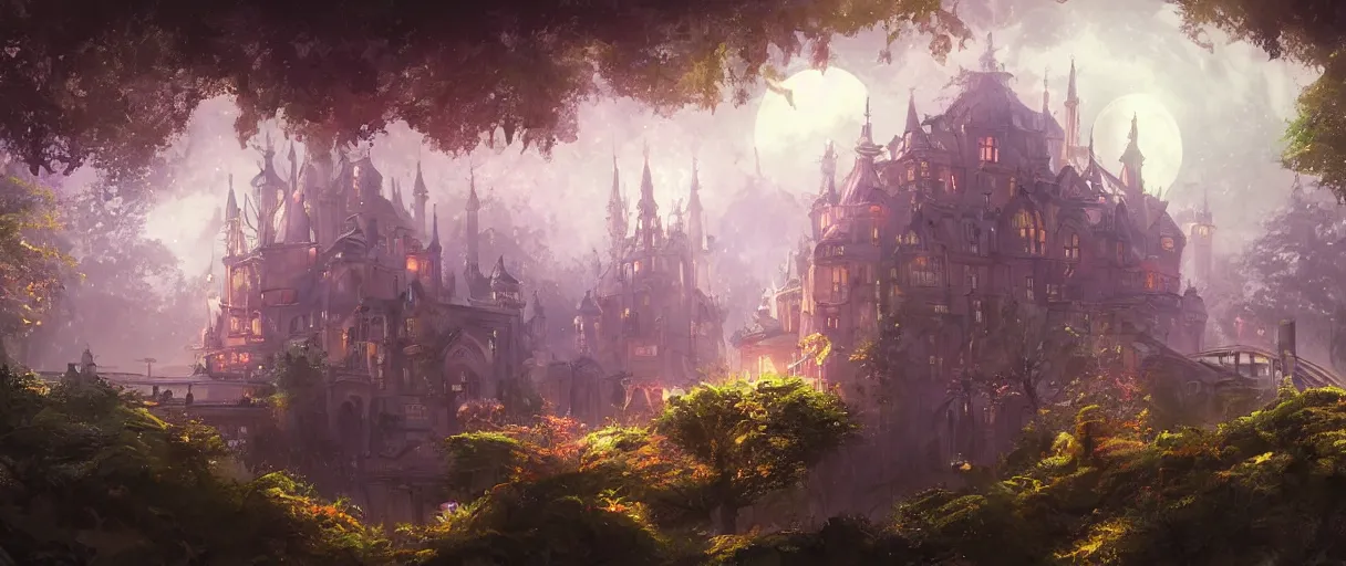 Image similar to huge academic castle city in the forest behind a garden, concept art, digital painting, style of jordan grimmer, warm lighting, futuristic, volumetric lighting, view from below, vivid colours, bright, nighttime, moon rays , high detail