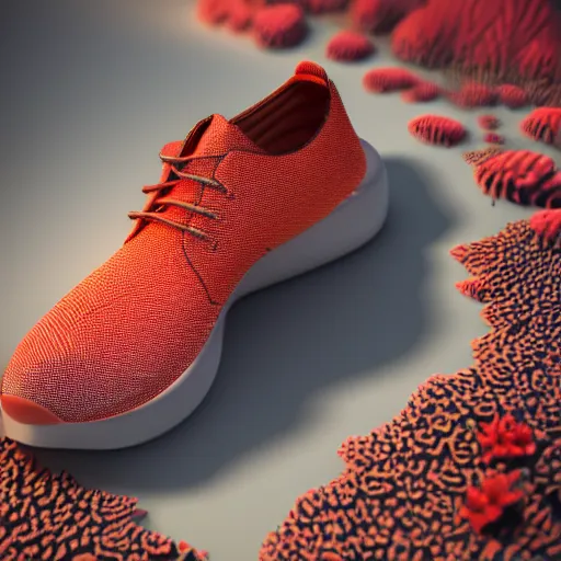 Image similar to a 3 d product render of a shoe inspired by coral reef. the render is done in keyshot, trending on behance made by an industrial designer on behance, low detail, high quality, keyshot, octane, product render