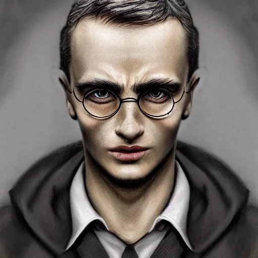 Prompt: centered detailed portrait which looks like from Harry Potter by Tom Richmond, realistic character concept, identical eyes, gazing eyes, beautiful eyes medium shot, elegant pose, fantasy, illustration, slender symmetrical face and body, cinematic lighting, hyperdetailed, 8k resolution, high resolution, single face, insanely detailed and intricate, beautiful, elegant, golden ratio, dark fractal background, vfx, postprocessing, alluring, crystal blue eyes.