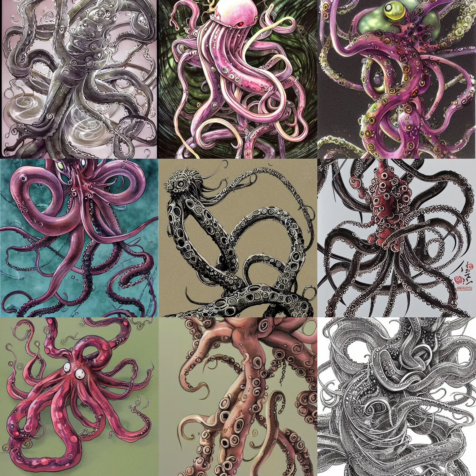 Prompt: tentacles artwork by yoshitaka amano