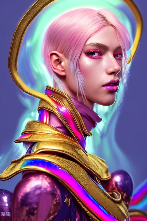 Image similar to hyperdetailed portrait of a stunningly beautiful european girl androgynous guard made of iridescent metals shiny pink gems, bright rainbow gold nimbus, inspired by ross tran and wlop and masamune shirow and kuvshinov, concept art, intricate, photorealistic, octane render, rtx, hdr, unreal engine, dnd digital art by artgerm