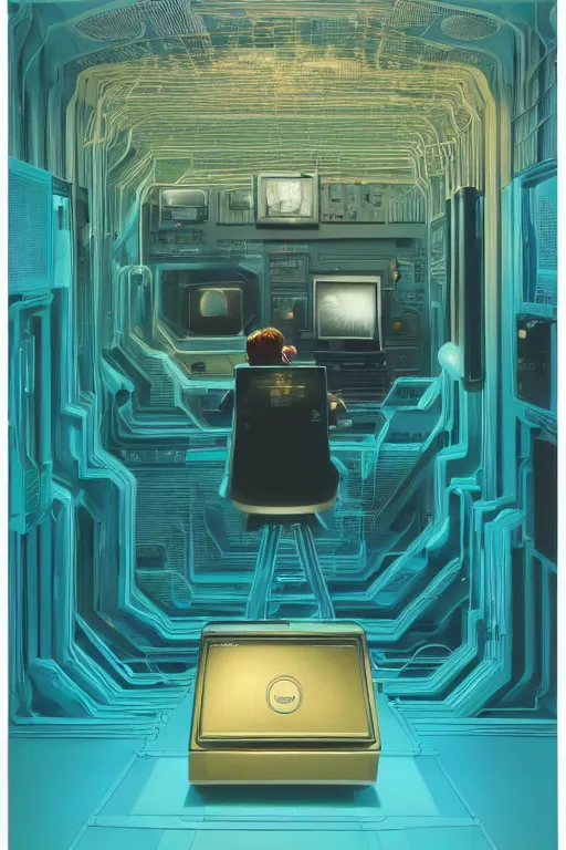 Prompt: Digital art, very highly detailed Haker that haking, siting inside the giant very highly detailed computer, by Beeple very highly Detailed by Guy Bourdin and Reka Nyari,on Pentax 67, Kodak Portra 400, soft Cyan Gold light, The Golden Ratio from the distance