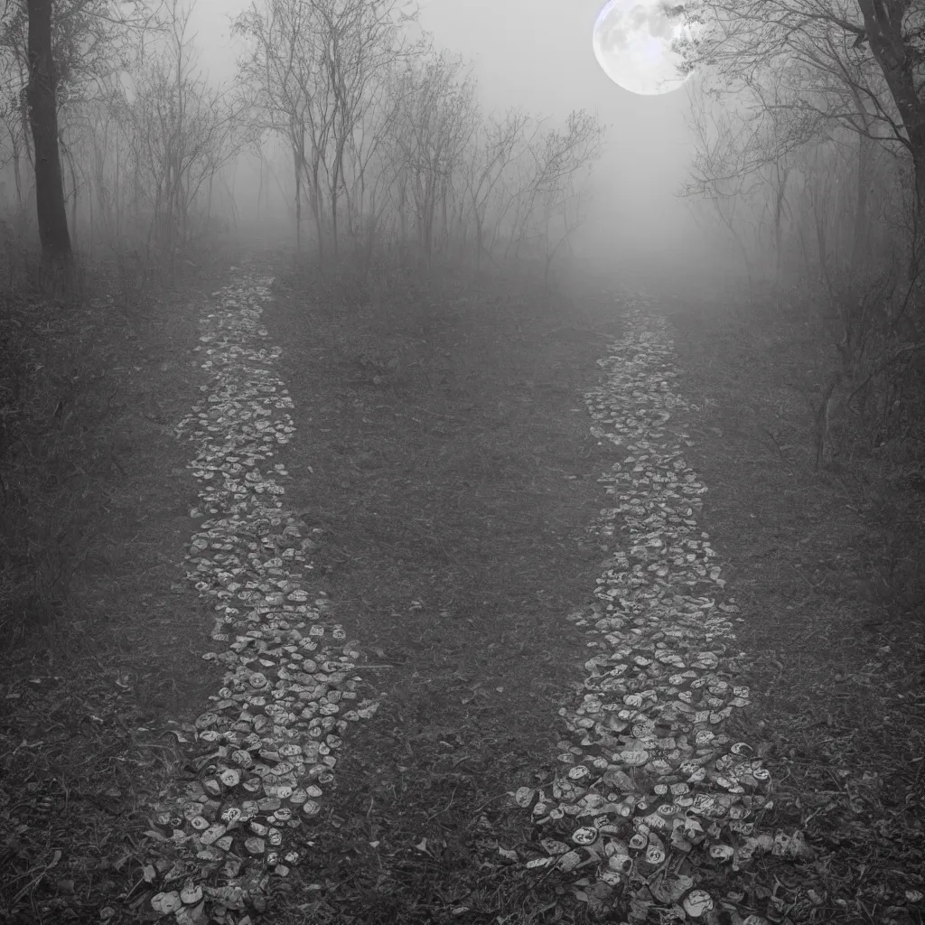 Prompt: path made of skulls, fog, moonlight, scary humanoid standing in the middle