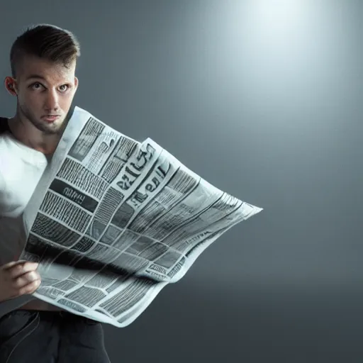 Image similar to professional photographic image of young angry man ripping newspapers, studio shot, dynamic lighting, high definition, highly detailed, photo-realistic, unreal engine render, 16k