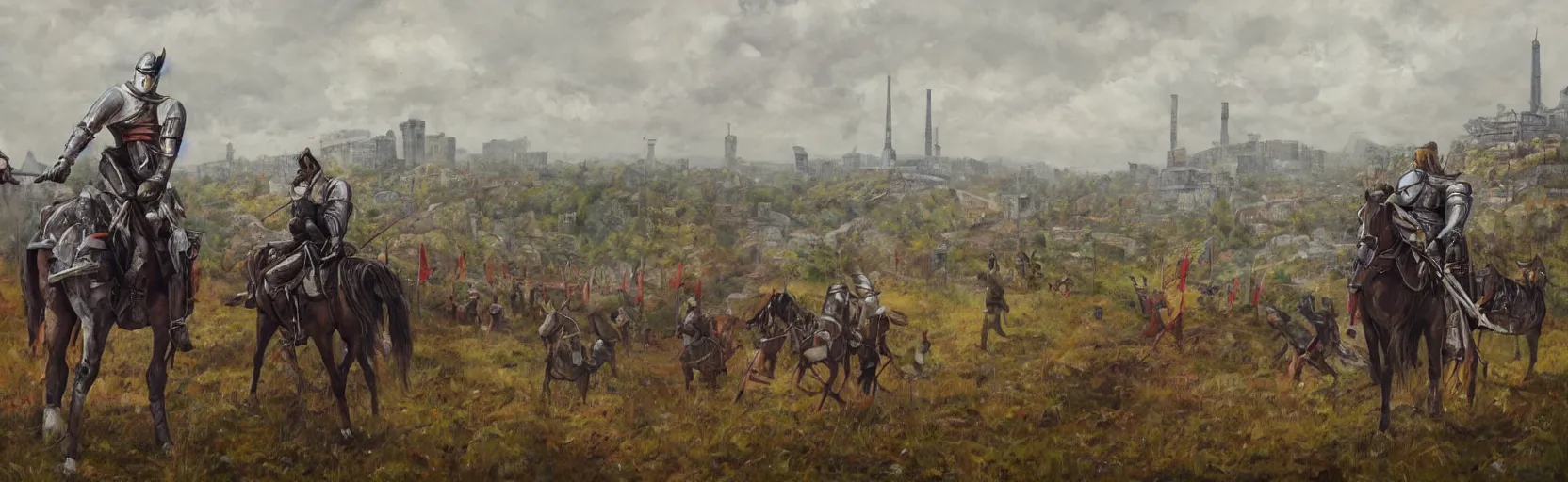 Image similar to horseback knights at scenic overlook; cloudy, grey skies, walled fortress city deteriorating office buildings in background hill; forest; la Bastille, post apocalyptic, grungy; oil on canvas, artstation, colorful