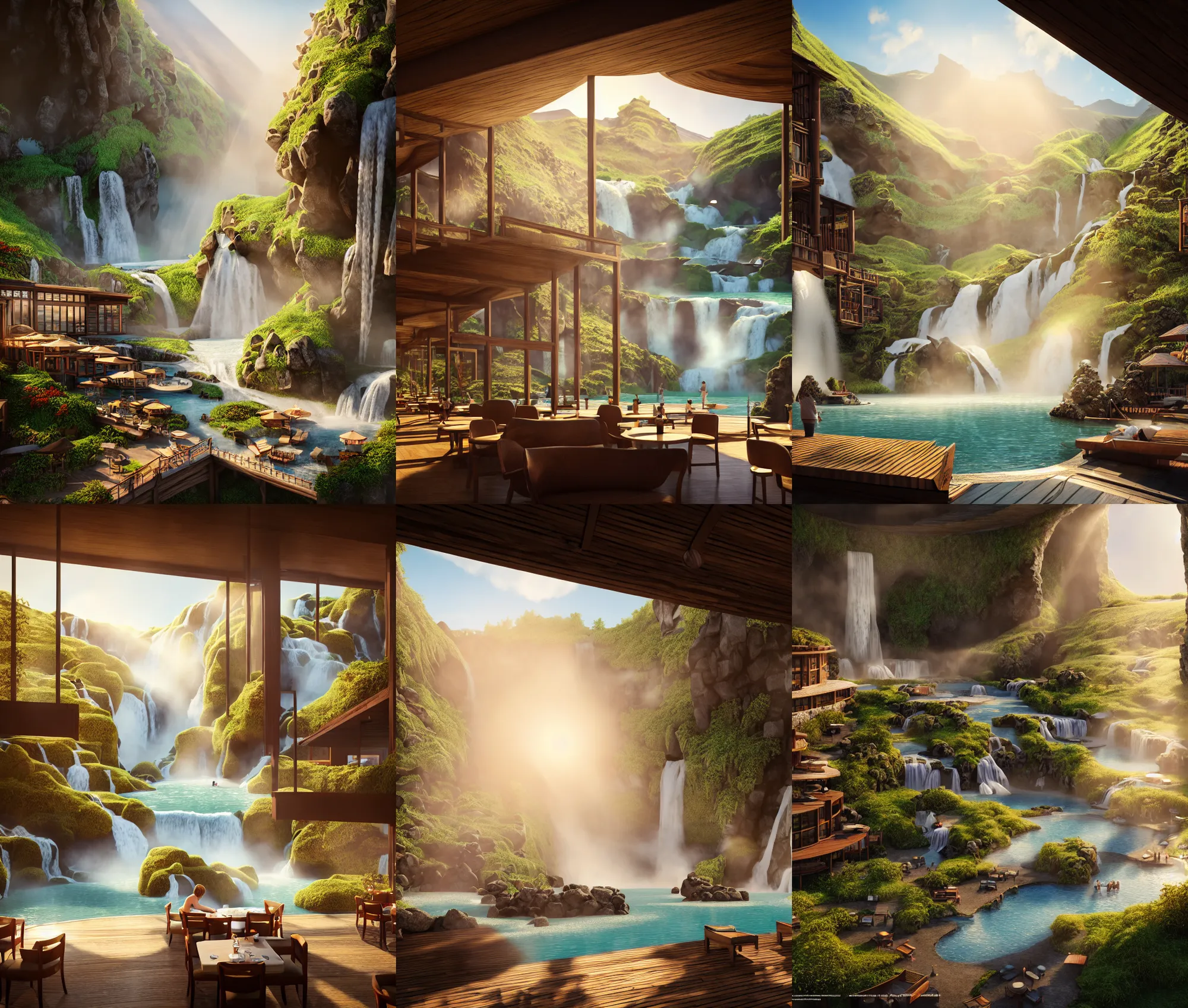 Prompt: establishing wide shot inside resort hotel, beside the combination of iceland hot springs and yangtze river waterfalls, cinematic lighting, sunny morning light, soft sunbeam, travel ad, detailed concept art, artstation, realistic, fine details, 4 k, unreal engine, hyperrealism, detailed textures