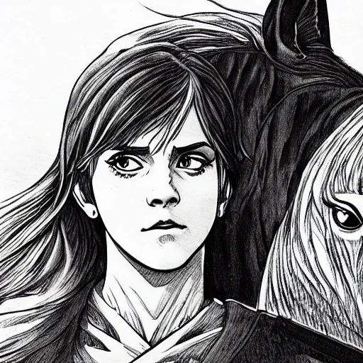 Prompt: emma watson, meets the horse from berserk, highly detailed, black and white, manga, art by Kentaro Miura