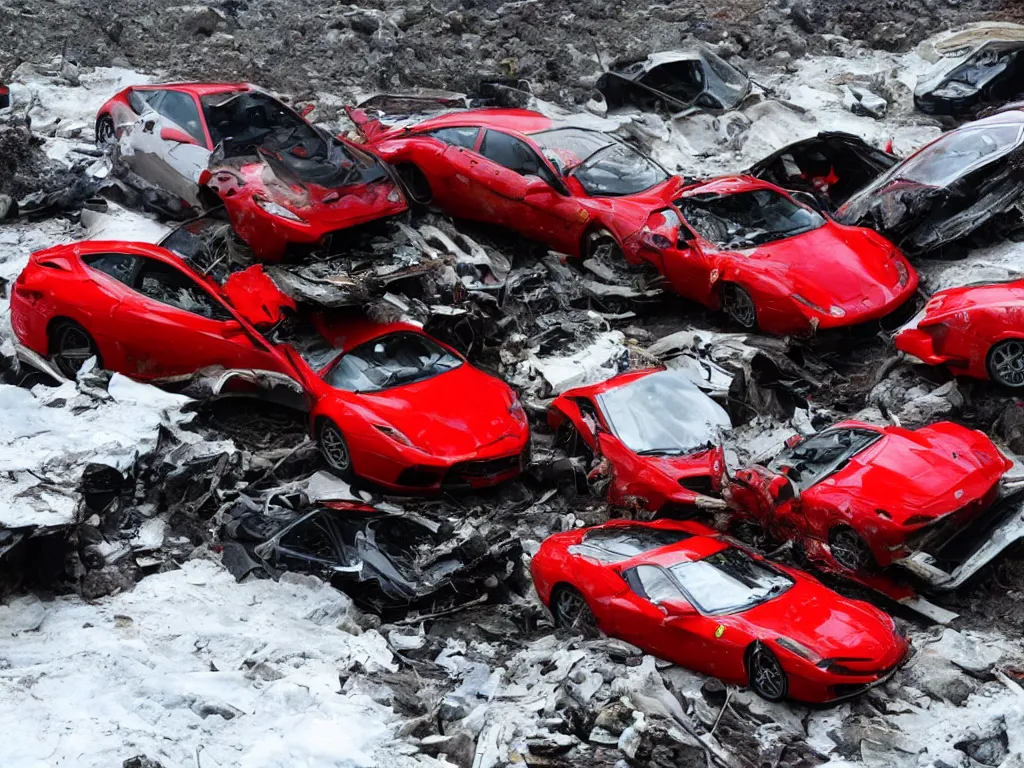 Image similar to crashed ferraris, 3 model lines on top of mount everest