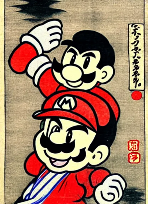 Image similar to super mario as a yokai illustrated in the style of kawanabe kyosai and toriyama sekien