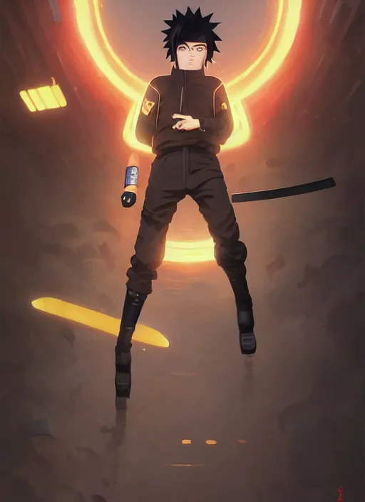 Prompt: highly detailed katana weilding naruto uzumaki with black hair, fighting with policeman art by greg rutkowski, loish, rhads, ferdinand knab, makoto shinkai and lois van baarle, ilya kuvshinov, rossdraws, tom bagshaw, global illumination, radiant light, detailed and intricate environment