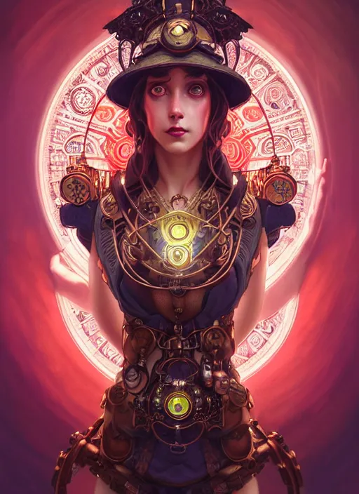 Image similar to the goddess athena smirking, steampunk, glowing eyes, volumetric lights, red and cyan theme, art nouveau botanicals, intricate, highly detailed, digital painting, artstation, concept art, smooth, sharp focus, cinematic, illustration, beautiful face, art by artgerm and greg rutkowski and alphonse mucha