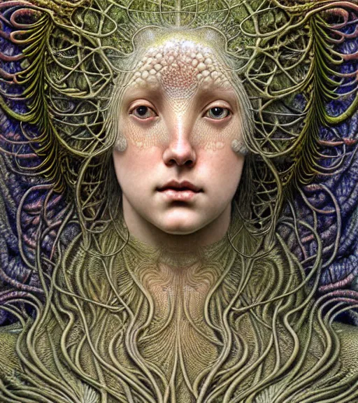 Image similar to detailed realistic beautiful coral goddess face portrait by jean delville, gustave dore, iris van herpen and marco mazzoni, art forms of nature by ernst haeckel, art nouveau, symbolist, visionary, gothic, neo - gothic, pre - raphaelite, fractal lace, intricate alien botanicals, ai biodiversity, surreality, hyperdetailed ultrasharp octane render