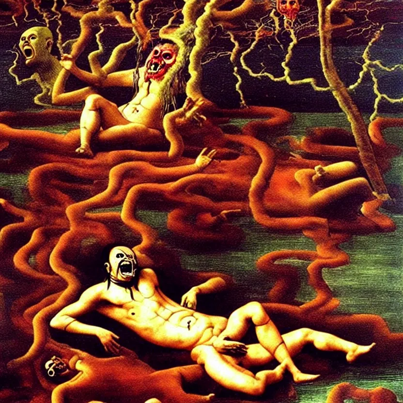 Prompt: a sacred painting of a beautiful flesh - eating timikawa with rainbow fur eating a screaming man, sitting on chair made of human limbs, the chair is floating in a lake of blood, surrounding the lake are melting trees, nightmare scene, supernatural, highly detailed, creepy, terrifying, famous painting by raphael and salvador dali