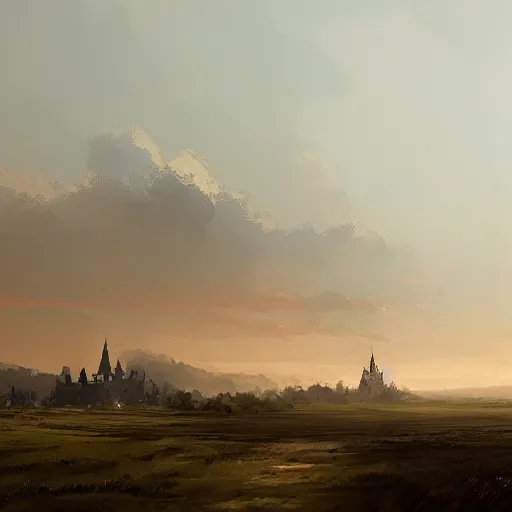 Prompt: plains landscape with a huge castle in the distance, papyrus, watercolored, jakub rozalski, dieselpunk, artstation