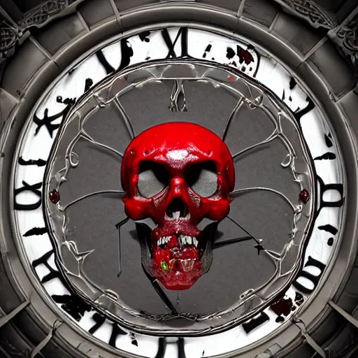 Prompt: a clock with a skull and blood dripping from it, an ambient occlusion render by Cedric Seaut (Keos Masons), featured on zbrush central, gothic art, rendered in cinema4d, rendered in unreal engine, rendered in maya