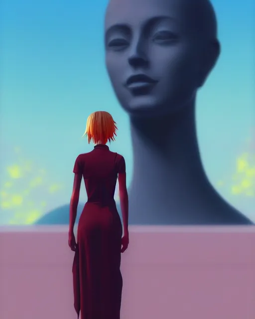 Image similar to a painting of a woman standing in front of a statue, a screenshot by stanley twardowicz, cgsociety, aestheticism, aesthetic, vaporwave, anime aesthetic