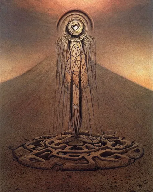 Image similar to a strange big sacred geometry pagan otherworldly monument in the middle of a desert, uncomfortable atmosphere, very expressive, powerful painting, collab by dali, carrington and beksinski