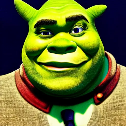 Image similar to prompt : shrek wearing a tuxedo portrait soft light painted by james jean and katsuhiro otomo and erik jones, inspired by akira anime, smooth face feature, intricate oil painting, high detail illustration, sharp high detail, manga and anime 1 9 9 9