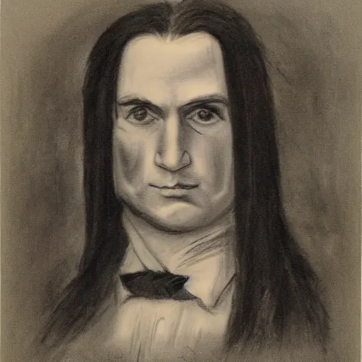 Image similar to charcoal portrait of an austrian gentleman, long black hair, evil