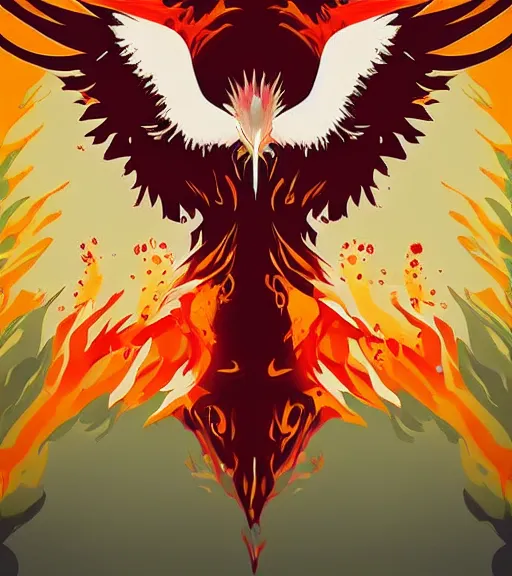 Prompt: white phoenix on flames salt crystals simple background simplified stylised poster art neat graphic design style holistic