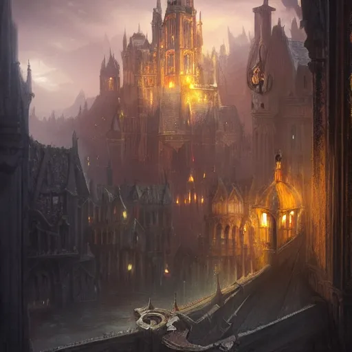 Image similar to a fantasy castle, dramatic lighting, city background, chiaroscuro, high detail, painted by greg rutkowski, painted by igor kieryluk, painted by bobby chiu, trending on artstation