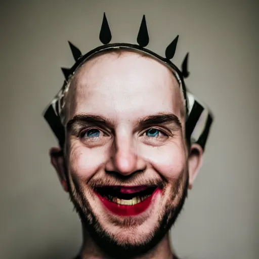 Prompt: man with red eyes and a crown grinning