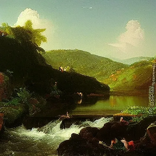 Prompt: The stream is a metaphor for life. It is always moving forward, even though it may meander. An oil painting by Thomas Cole