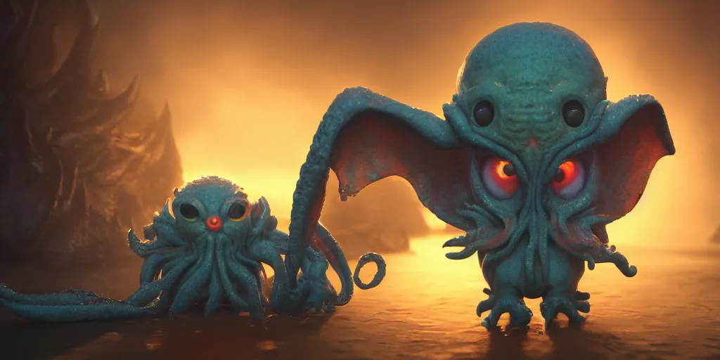 Prompt: cute happy baby cthulhu, golden hour, fantasy, sharp focus, digital art, hyper realistic, 4 k, unreal engine, highly detailed, hd, dramatic lighting by brom, trending on artstation, new cats movie