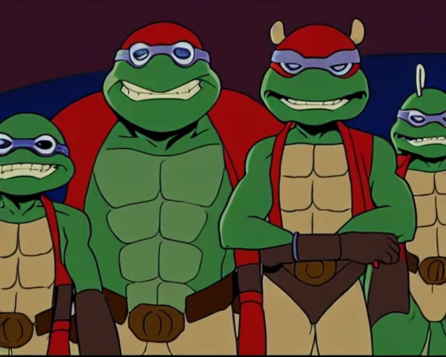 Prompt: anime fine details portrait of the Teenage Mutant Ninja Turtles, by Studio Ghibli and Edward Hopper. 8k, sharp high quality classic anime from 1990 in style of Hayao Miyazaki