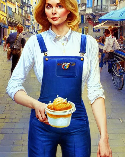 Image similar to a blonde fuller figured barbara bach from the bond film wearing blue dungarees and eating ice creams in porto, real life skin, intricate, elegant, highly detailed, artstation, concept art, smooth, sharp focus, art by artgerm and greg rutkowski and alphonse mucha